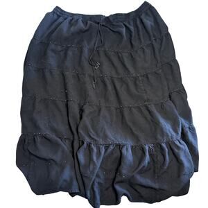 Mirasol Black Beaded Maxi Skirt Hippie Boho Chic Elastic Size XL Vintage